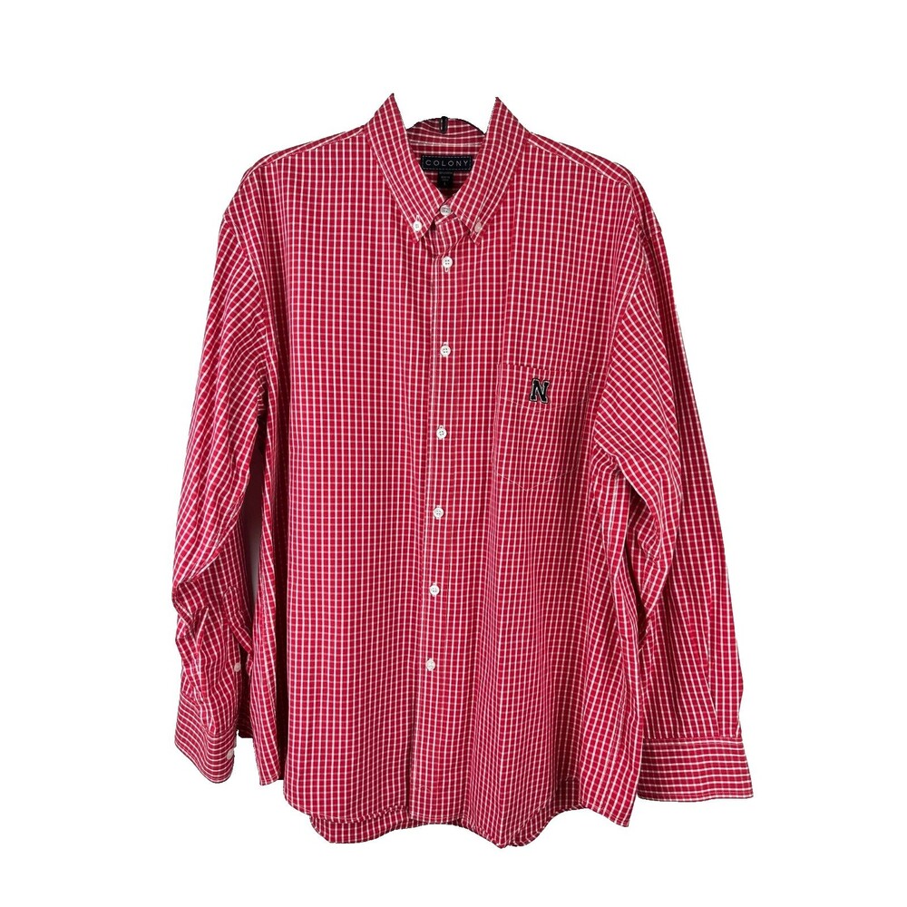 Colony Men's Red Plaid Long Sleeve Button-up Nebraska N Logo Shirt Size L